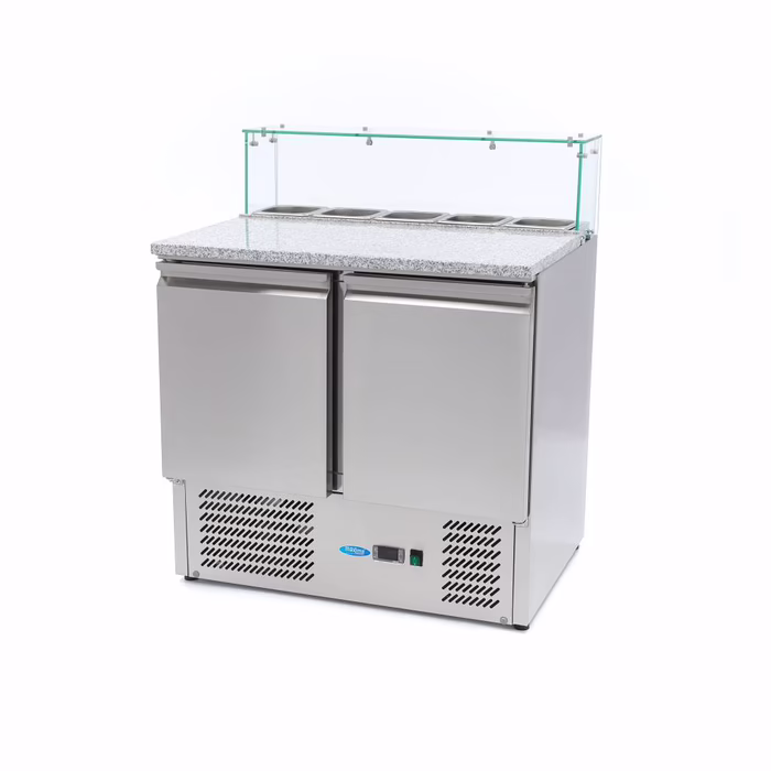 table de préparation des pizzas - 90 cm - 2 portes - s'adapte à 5 x 1/6 GN - incl couvercle en verre