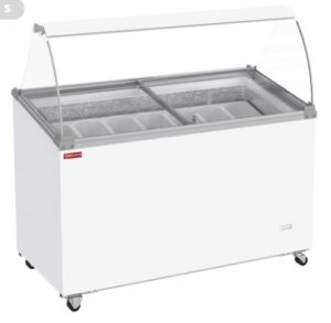 Conservateur comptoir à glaces, 381 litres, couvercles coulissants sur roulettes avec vitres bombées , capacité 7 bacs